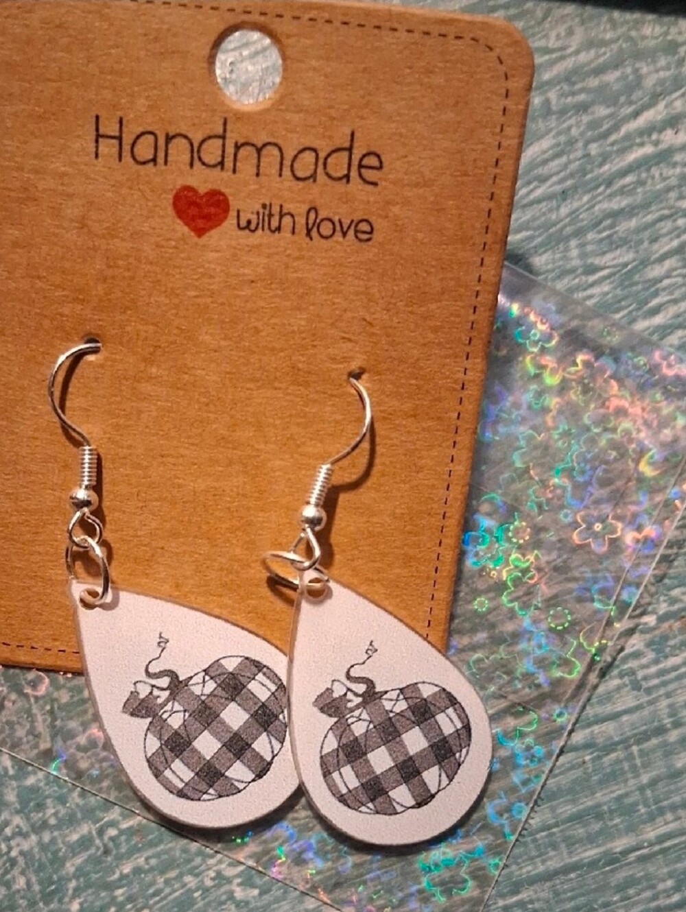 $8 Each Or Bundle 5/$20 Handmade White & Black Plaid Pumpkin Teardrop Earrings